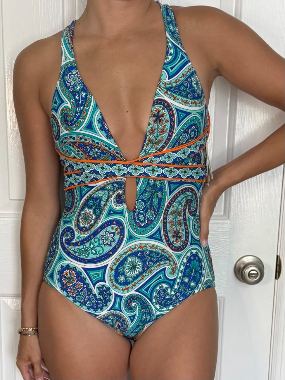 Trina Turk Paisley One Piece Plunge Swimsuit Blue Orange 6